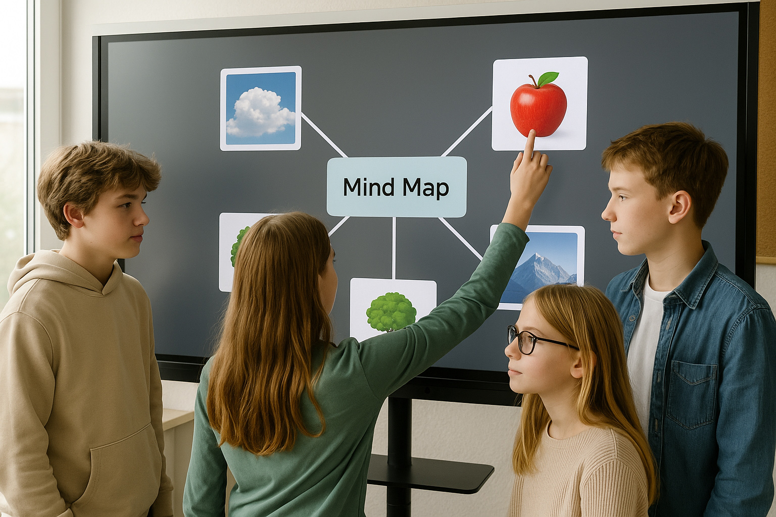 The group completes the mind map by dragging and dropping the picture cards;