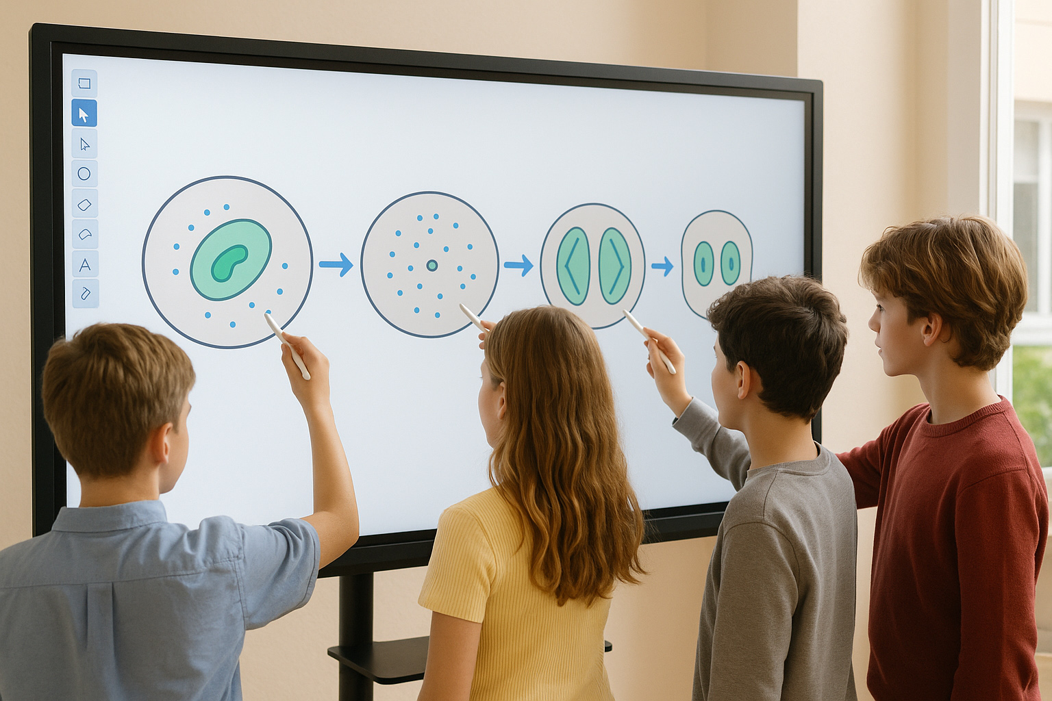 multi-screen Multi-screen collaboration: multiple students operate on the tablet at the same time to put together animations of biological processes;